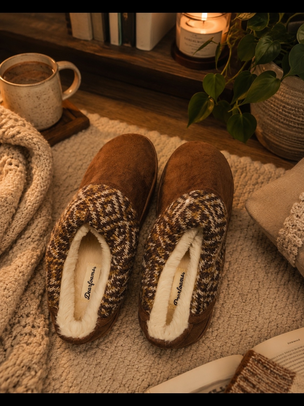 dearfoams Brown Knit-Trim Slip-On Women's Slippers
